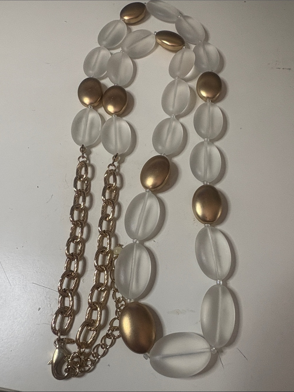Gold tone & Frosted White Bead Statement Necklace - ca16in long